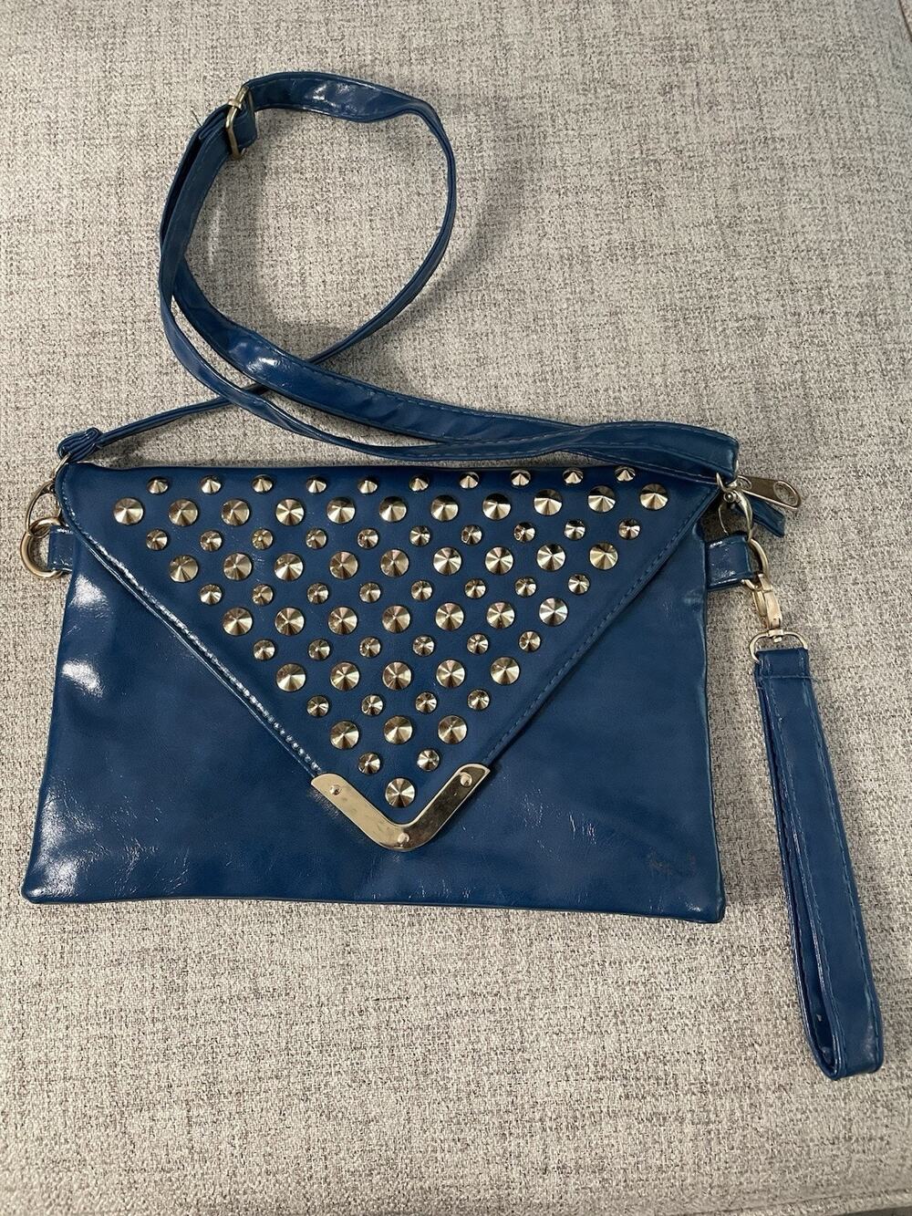 Cobalt Blue Studded Envelope Crossbody Bag Gold Hardware Faux Leather Clutch